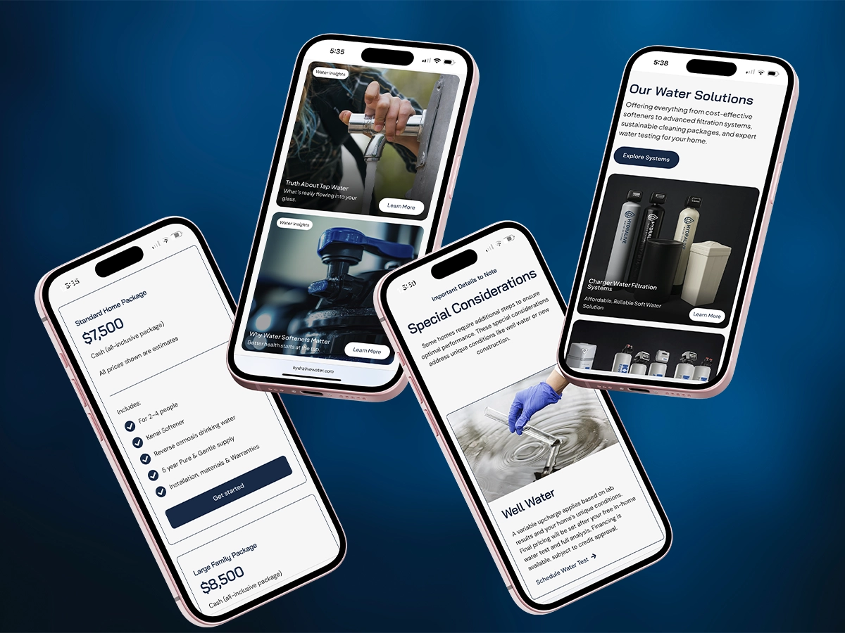 Hydralive Water Systems mobile website mockup displaying clean and modern UX design for water filtration services, featuring pricing packages, product details, and water quality insights on a deep blue background.