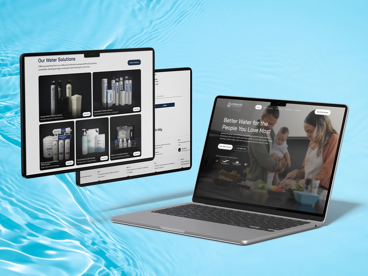Hydralive Water Systems website mockup showcasing clean, modern UI design for residential and commercial water filtration solutions, featuring family-oriented visuals and product displays on a blue water-textured background.