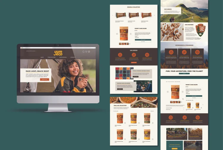 Eco-friendly snack brand website design for Yum Eco featuring product pages and lifestyle imagery — web design and branding.