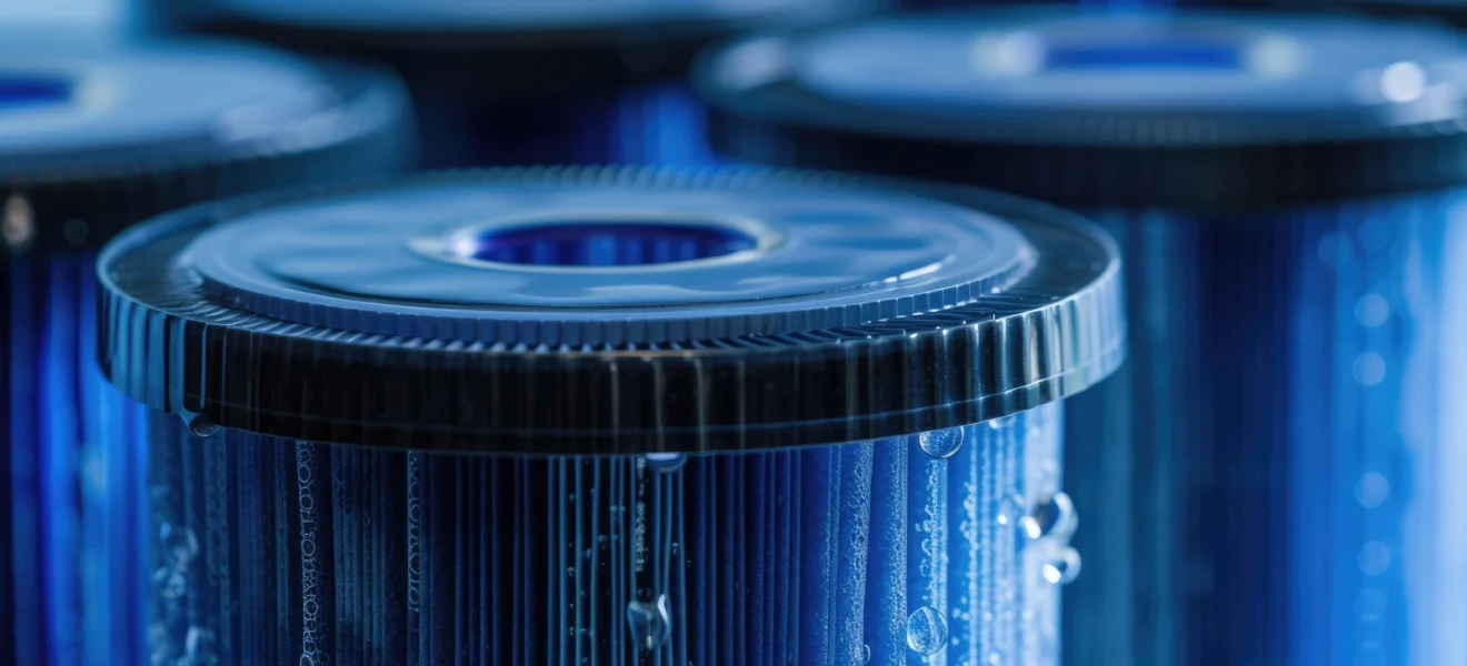 Close-up of blue water filtration cartridges with droplets, showcasing advanced filter technology for clean and purified residential and commercial water systems.