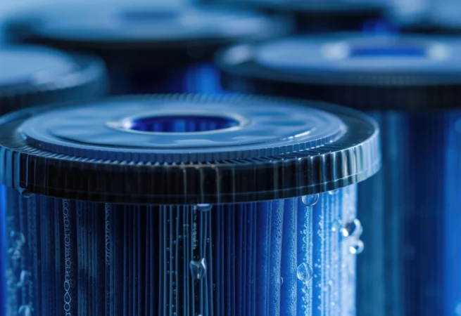Close-up of blue water filtration cartridges with droplets, showcasing advanced filter technology for clean and purified residential and commercial water systems.