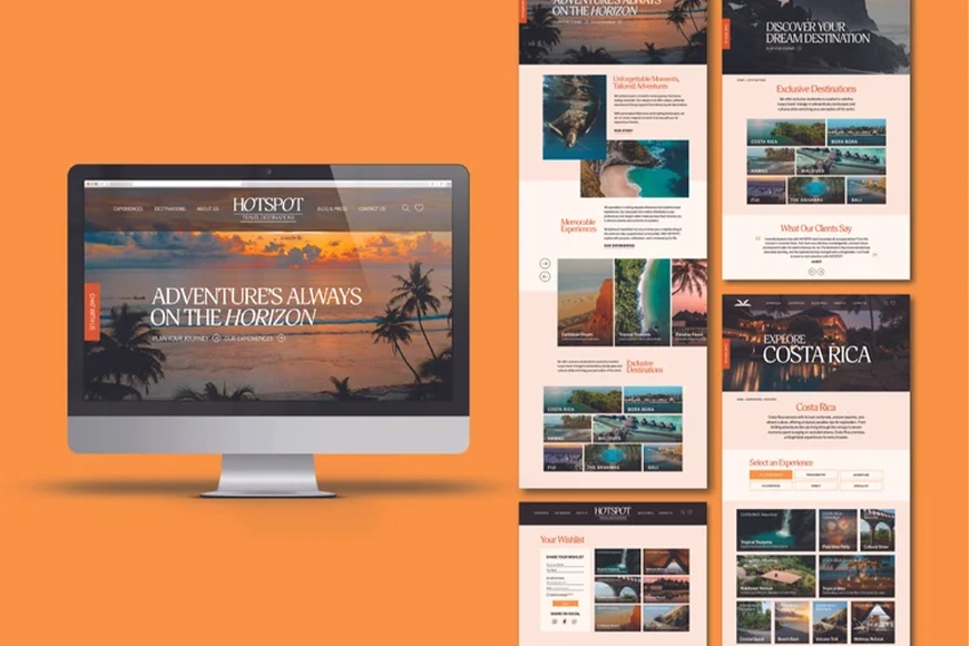 Travel website design for Hotspot Travel featuring destination pages and sunset hero section — full web design and development.