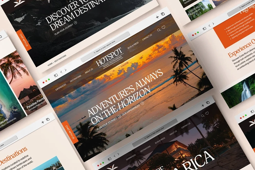 Travel website mockups showcasing tropical destinations and sunset design — web design and branding for Hotspot Travel.