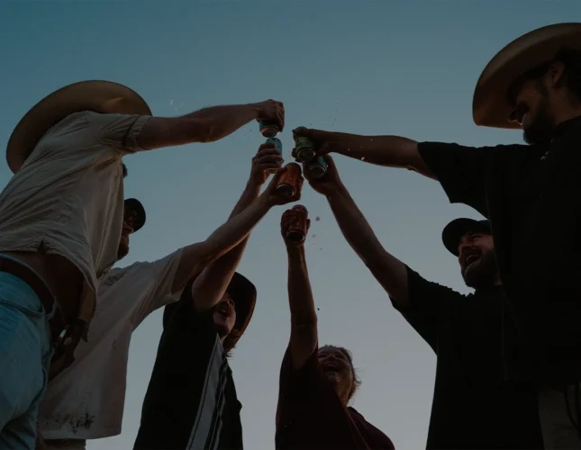 Group of friends raising cans in a celebratory toast under a clear blue sky, symbolizing unity, joy, and shared moments outdoors.