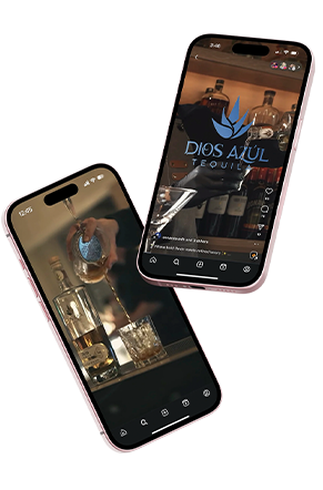 Two smartphones displaying social media posts featuring Dios Azul Tequila, with one phone showing the brand logo and bottle lineup, and the other showing a bartender pouring tequila into a glass.