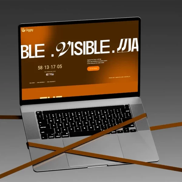 Laptop displaying the Giggsy website landing page with bold typography, a countdown timer, and a “Join the Waitlist” button on an orange-and-dark themed screen.