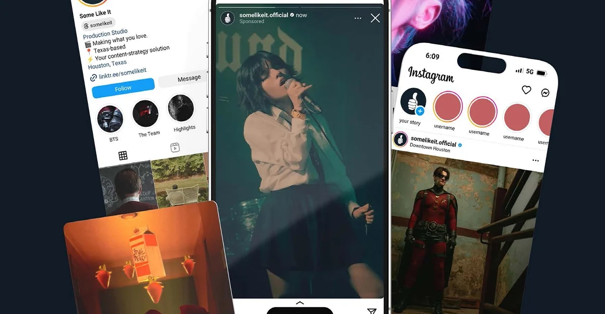 Creative collage of Instagram screens from the account “Some Like It,” showcasing music, film, and photography content for a Texas-based production studio.