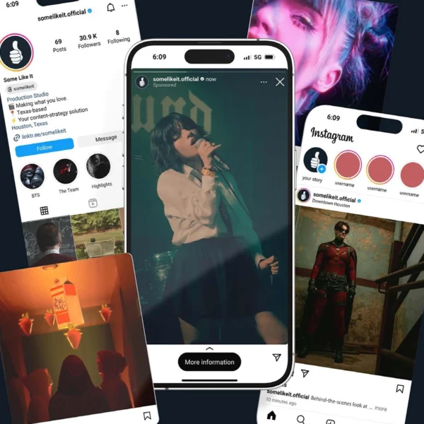 Creative collage of Instagram screens from the account “Some Like It,” showcasing music, film, and photography content for a Texas-based production studio.
