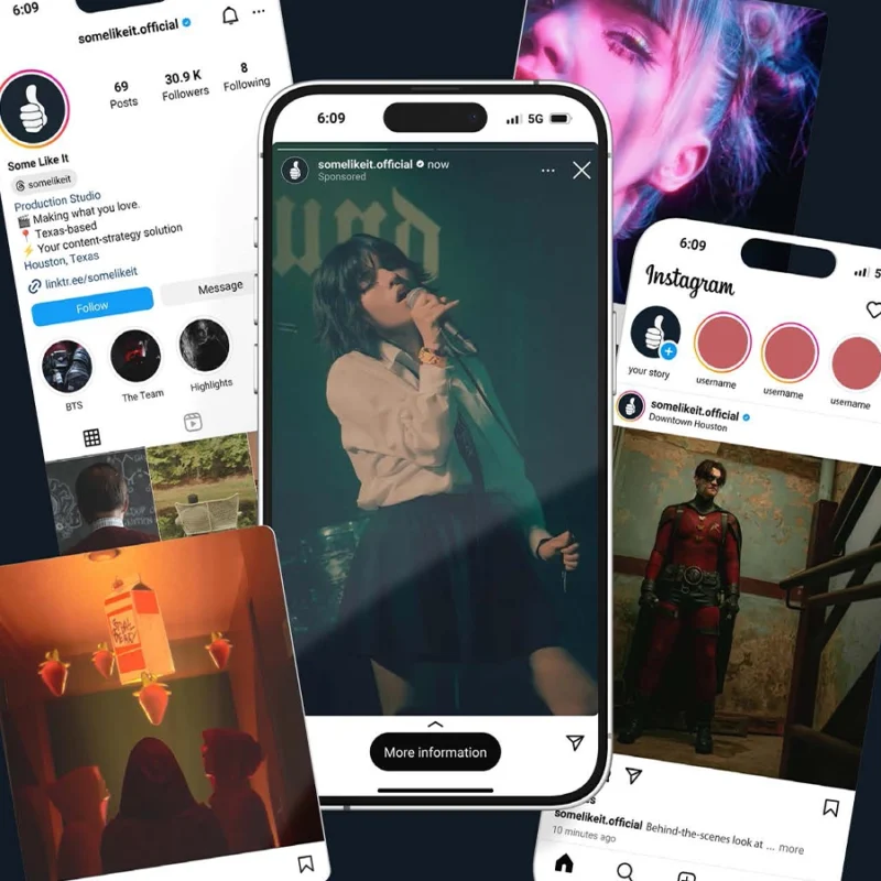 Creative collage of Instagram screens from the account “Some Like It,” showcasing music, film, and photography content for a Texas-based production studio.