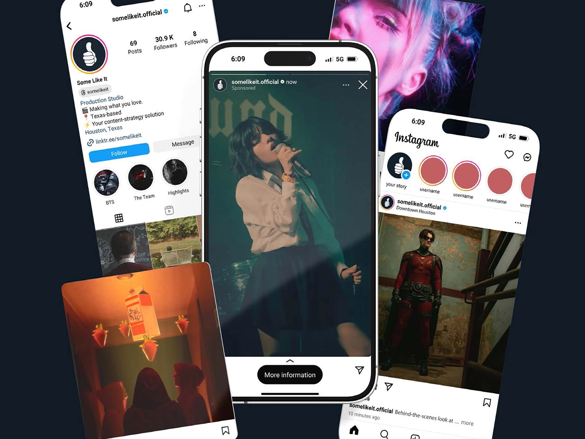 Creative collage of Instagram screens from the account “Some Like It,” showcasing music, film, and photography content for a Texas-based production studio.