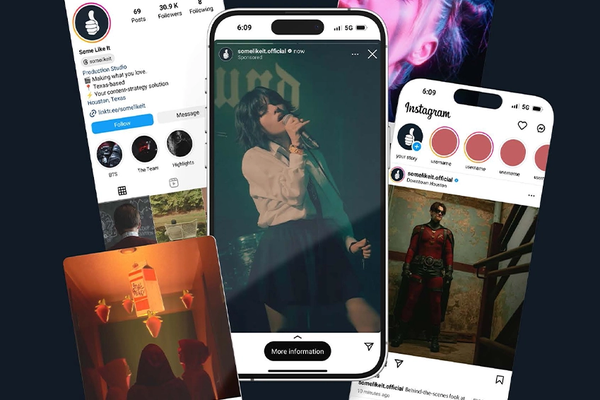 Creative collage of Instagram screens from the account “Some Like It,” showcasing music, film, and photography content for a Texas-based production studio.