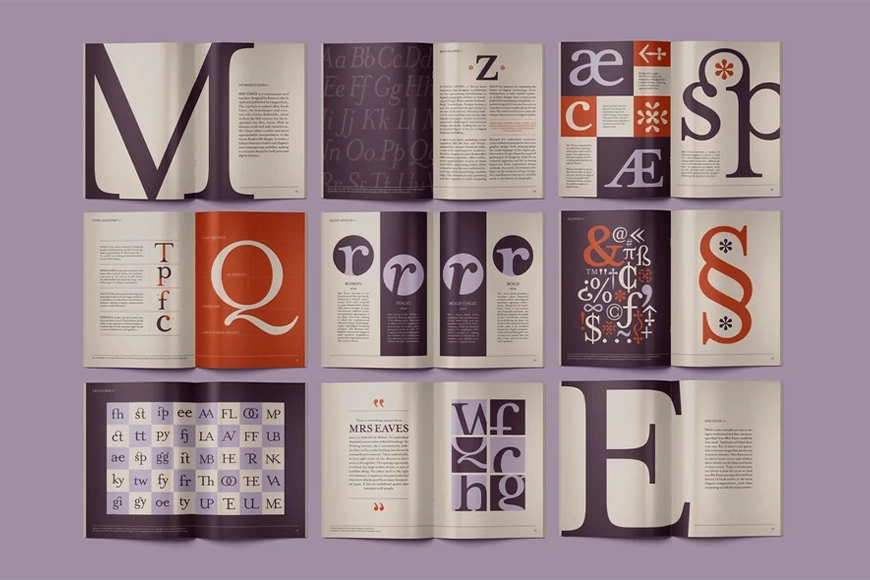 Open typography design books showcasing fonts, layouts, and editorial design — creative branding and print design.