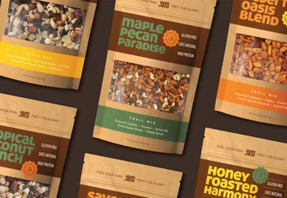 Eco-friendly trail mix packaging design featuring bold typography and earthy colors — sustainable product branding.