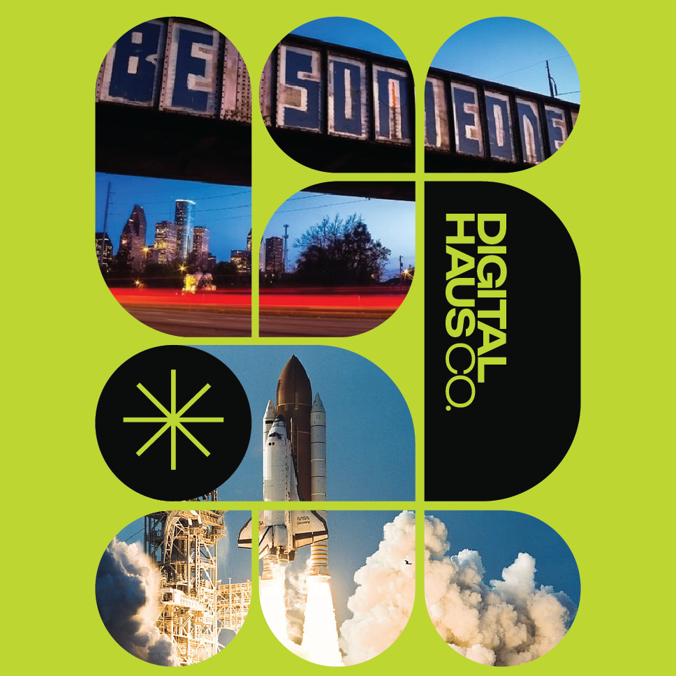 Innovate Haus logo imagee collage with houston skyline and nasa space ship