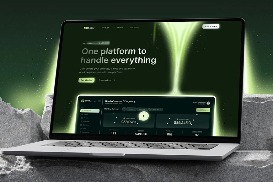 Sleek laptop displaying a futuristic dark green web platform dashboard with glowing accents and the tagline “One platform to handle everything.