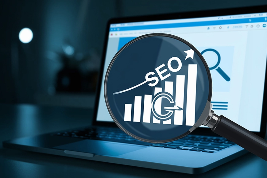 Magnifying glass highlighting SEO growth analytics on a laptop screen — search engine optimization and digital strategy.
