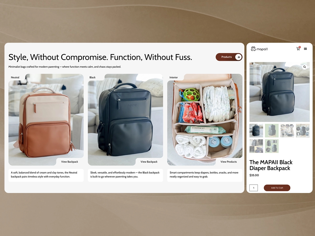 E-commerce website layout showcasing MAPAII diaper backpacks in neutral and black, featuring organized interiors with baby essentials, minimalist product design, and mobile-friendly shopping interface.