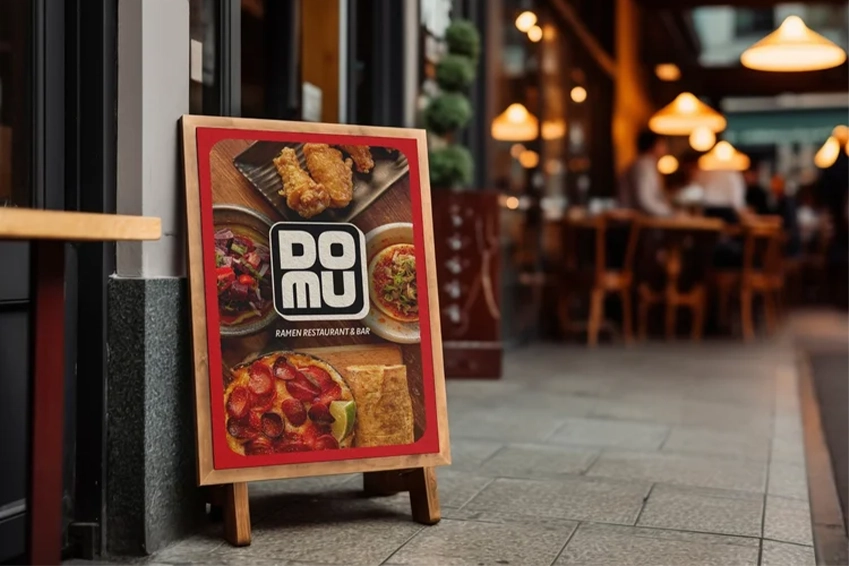 Restaurant sidewalk sign displaying DOMU Ramen branding and food photography — creative brand design and visual marketing.