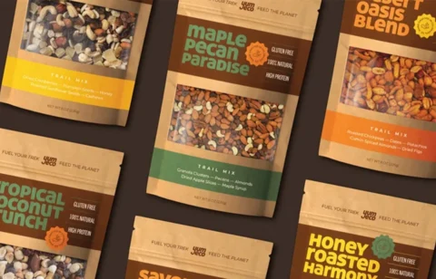 Eco-friendly trail mix packaging design featuring bold typography and earthy colors — sustainable product branding.