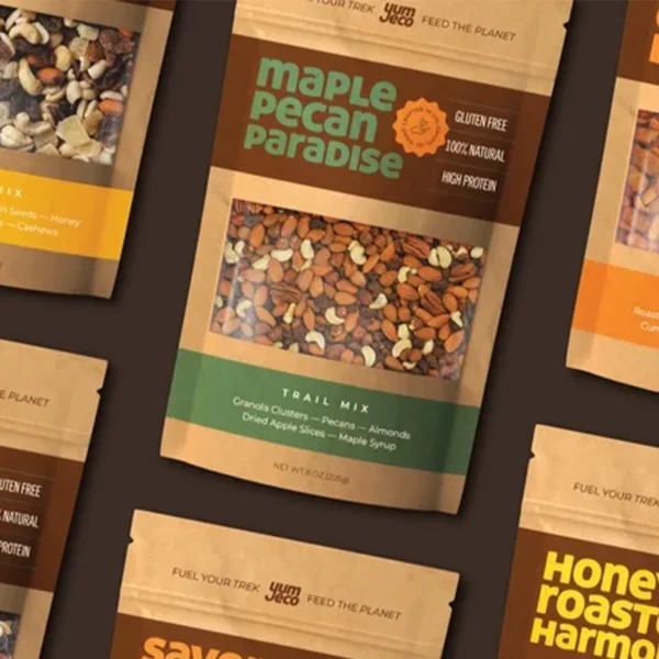 Eco-friendly trail mix packaging design featuring bold typography and earthy colors — sustainable product branding.