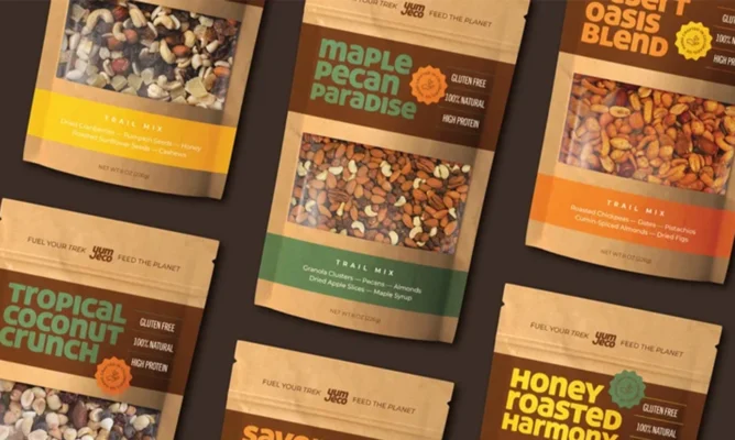 Eco-friendly trail mix packaging design featuring bold typography and earthy colors — sustainable product branding.