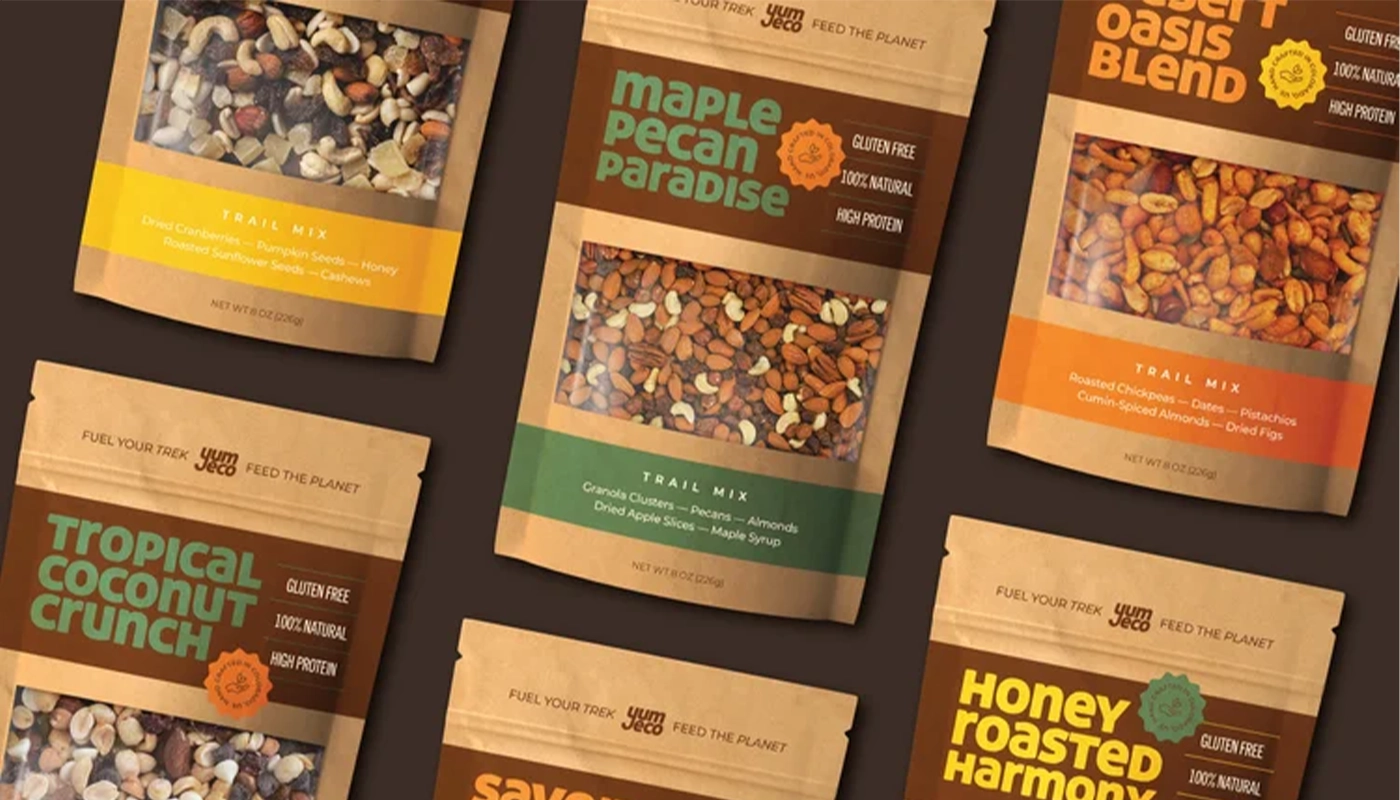 Eco-friendly trail mix packaging design featuring bold typography and earthy colors — sustainable product branding.