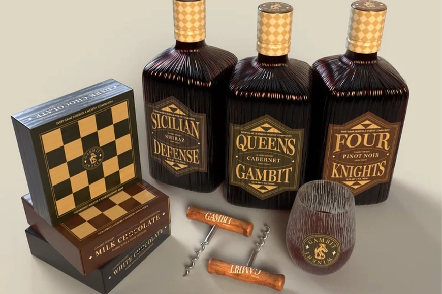 Premium wine bottles and packaging inspired by chess strategy, featuring elegant label design and branding.