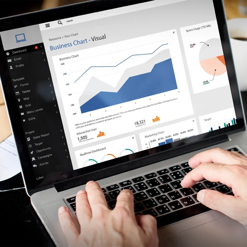 Digital marketing dashboard displaying business analytics and performance metrics on a laptop — web design and SEO strategy.