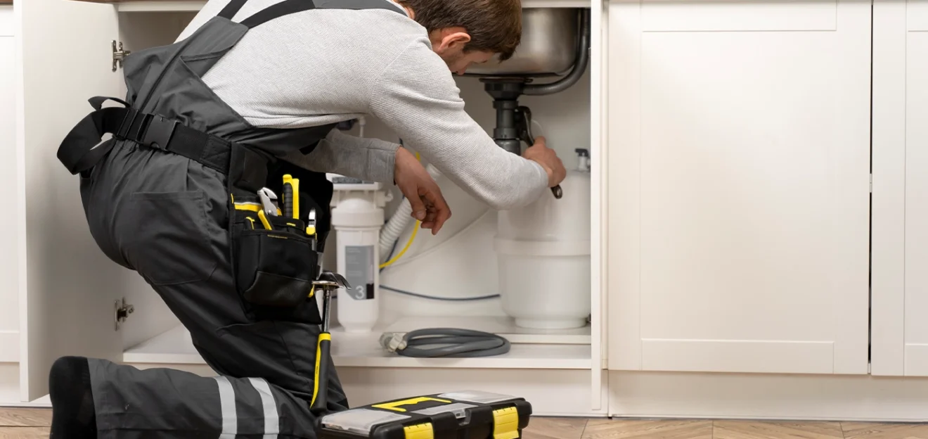 Professional plumber repairing pipes under a kitchen sink with tools and equipment neatly organized in a toolbox.