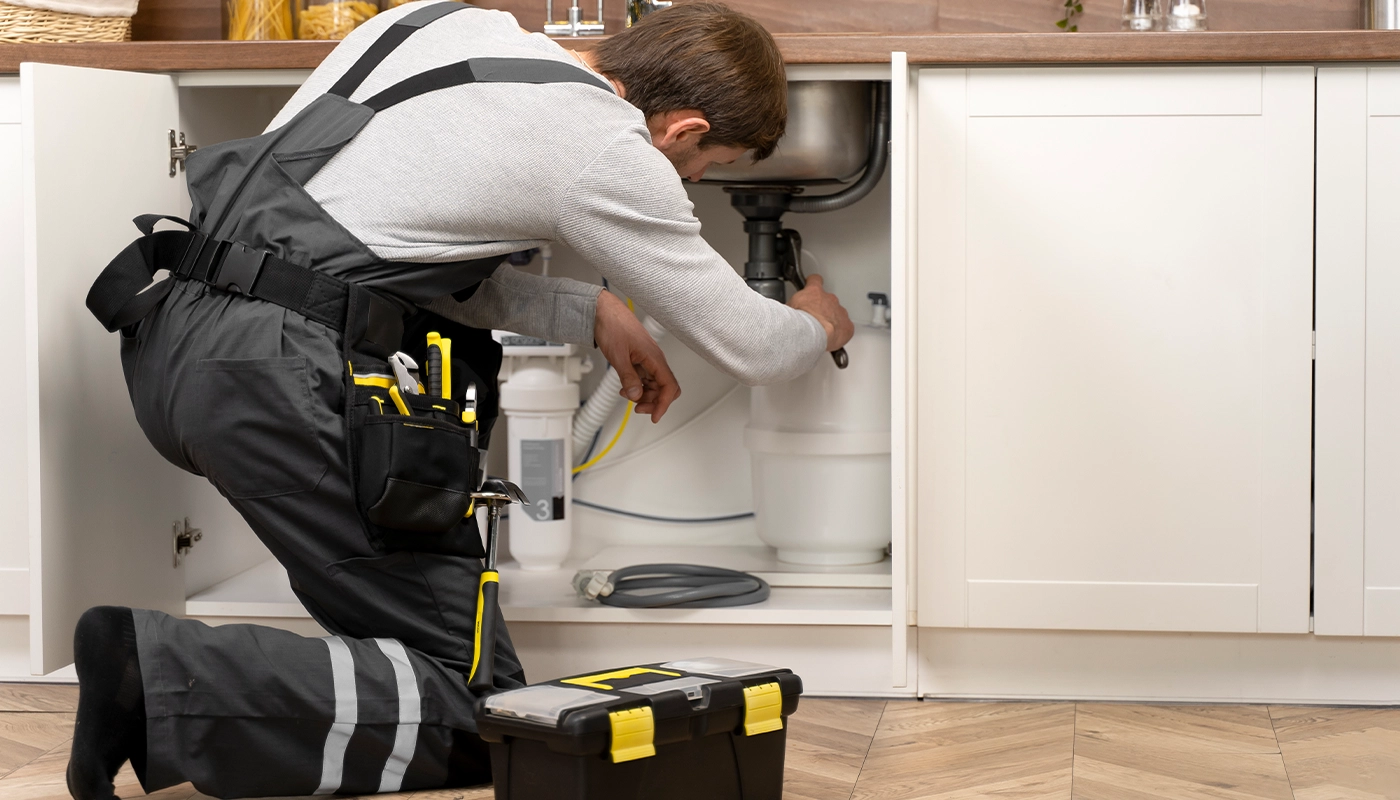 Professional plumber repairing pipes under a kitchen sink with tools and equipment neatly organized in a toolbox.