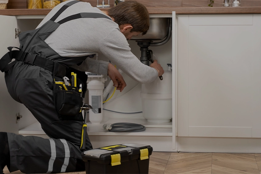 Professional plumber repairing pipes under a kitchen sink with tools and equipment neatly organized in a toolbox.