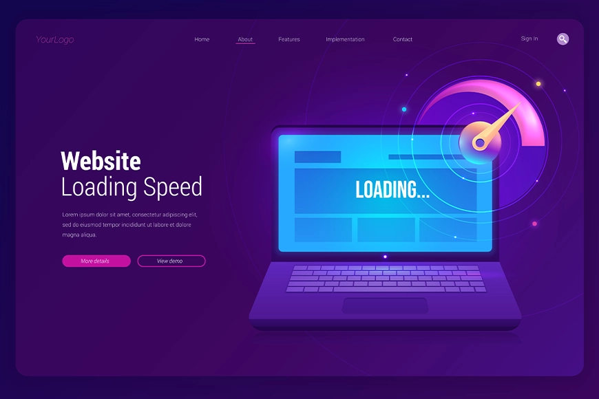 Laptop screen with loading animation and speed gauge — website performance optimization and UX design.