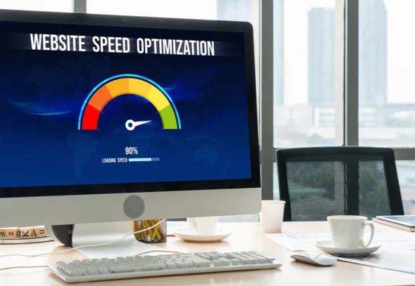 Laptop screen with loading animation and speed gauge — website performance optimization and UX design.