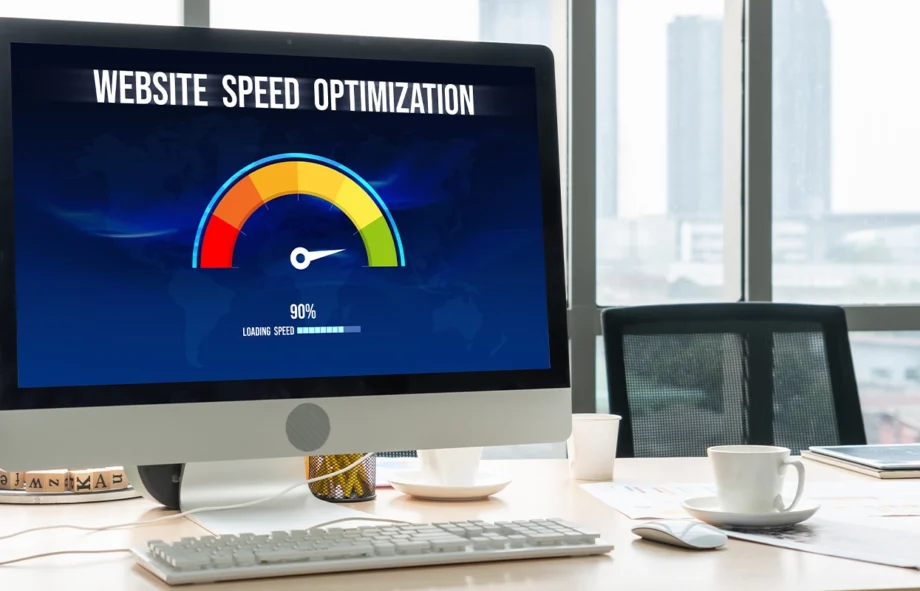 Laptop screen with loading animation and speed gauge — website performance optimization and UX design.