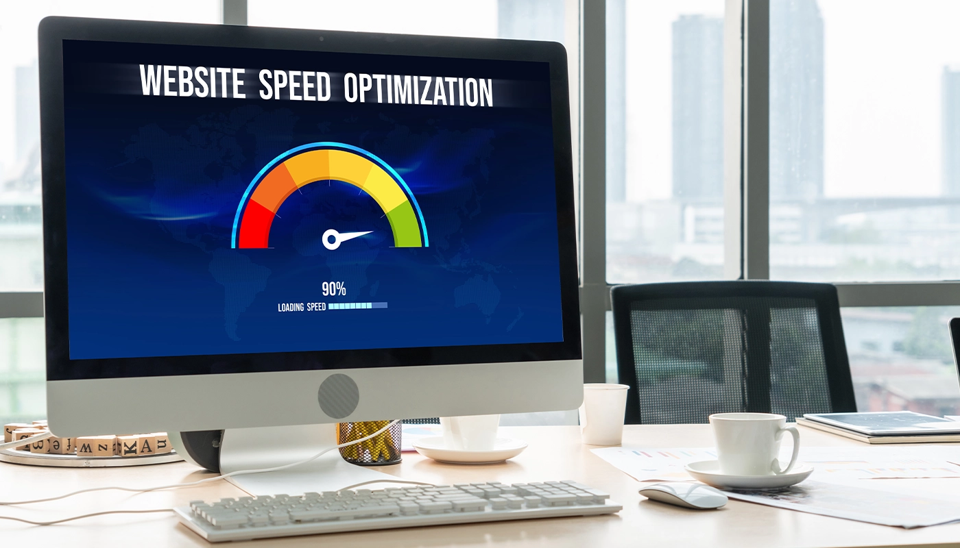 Laptop screen with loading animation and speed gauge — website performance optimization and UX design.