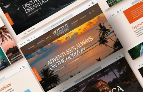 Travel website mockups showcasing tropical destinations and sunset design — web design and branding for Hotspot Travel