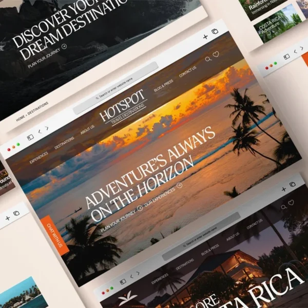 Travel website mockups showcasing tropical destinations and sunset design — web design and branding for Hotspot Travel