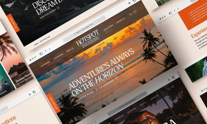 Travel website mockups showcasing tropical destinations and sunset design — web design and branding for Hotspot Travel