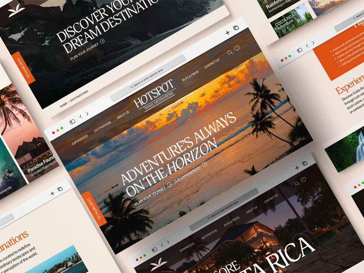 Travel website mockups showcasing tropical destinations and sunset design — web design and branding for Hotspot Travel