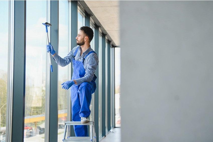 Professional cleaner in blue uniform washing large office windows using a squeegee.