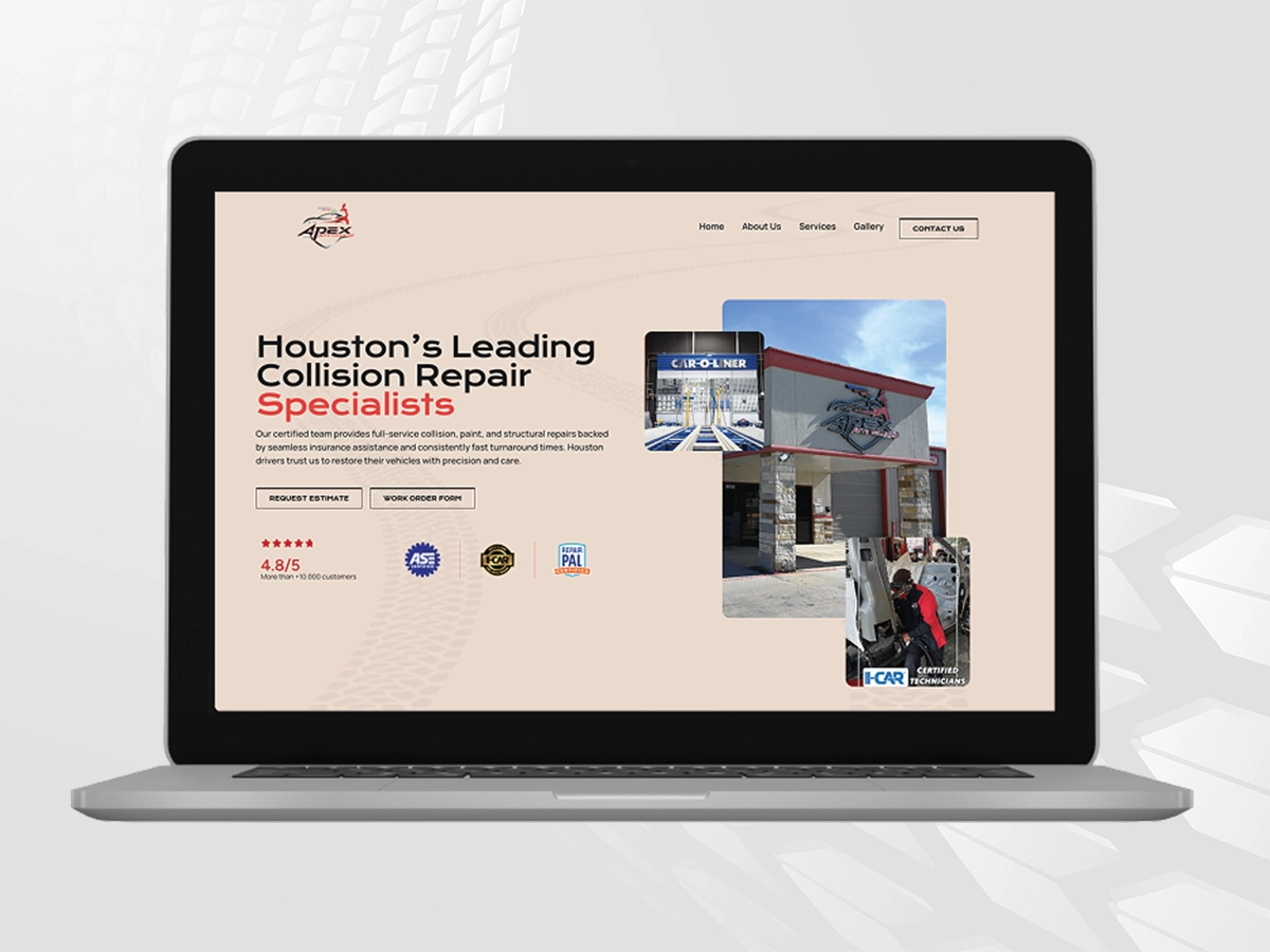 A laptop displaying the Apex Auto Collision homepage, featuring a clean beige layout with the headline “Houston’s Leading Collision Repair Specialists,” certification badges, and photos of the shop exterior and technicians at work.