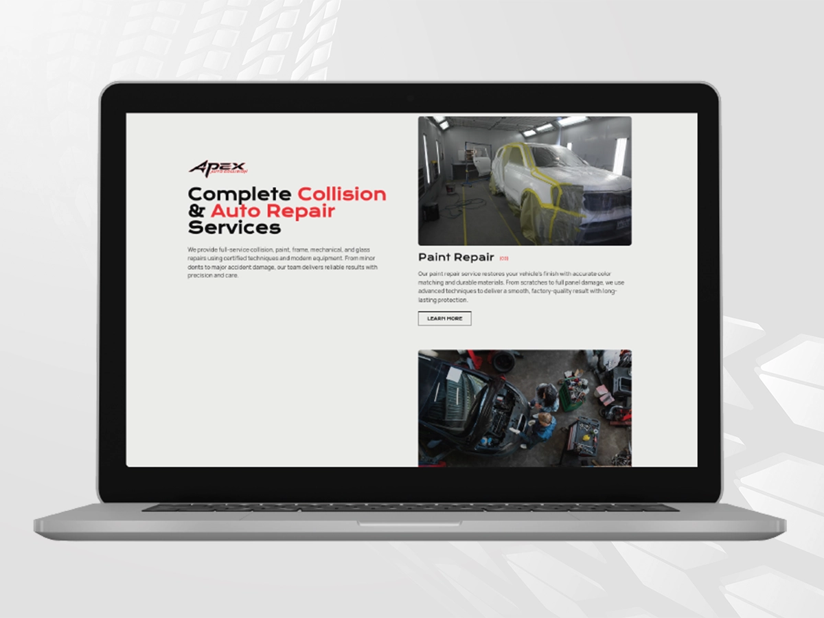 A laptop displaying the Apex Auto Collision services page, featuring a headline for complete collision and auto repair services alongside images of a masked vehicle inside a paint booth and a technician working on a car in a repair shop.